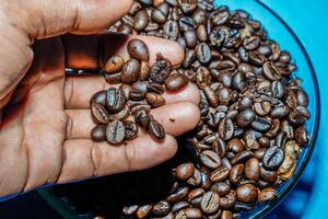 Close-up view of black coffee beans after roasting. photo