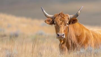 Cow with prominent horns resting in tranquil grassland with wildlife presence photo