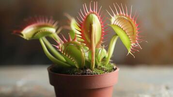 Vibrant Venus Flytrap showcases its carnivorous nature and sharp trap in a potted indoor setting photo