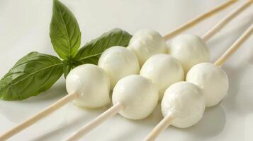 Mozzarella cheese sticks skewered with fresh basil and dairy Italian appetizer gourmet photo