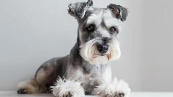 Miniature Schnauzer portrait showing dog's expressive eyes and cute whiskers with soft fur photo