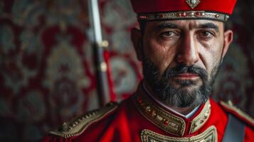 jenízaro en otomano histórico uniforme posando con grave expresión en rojo fez foto