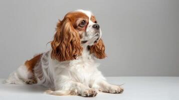 Cavalier King Charles Spaniel portrait shows a purebred dog with brown and white fur in a studio setting photo