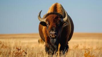 Buffalo with sharp horns stands in a grassland prairie displaying its powerful mammal nature photo