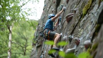 Rock climber in helmet and harness demonstrates adventure and effort while climbing outdoors photo