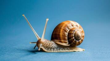 Close-up of a gastropod snail with a spiraled shell and antenna against a blue background photo