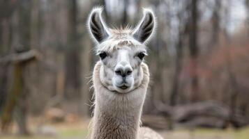 Llama portrait showcases a fluffy and cute wildlife mammal in nature photo