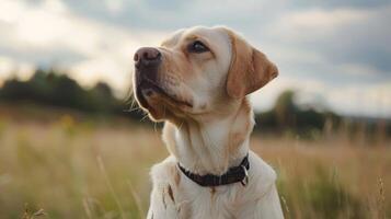 Golden Labrador Retriever portrait in a serene outdoor meadow setting photo