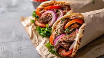 Delicious gyro wrapped in pita with meat, tomato, onion, and lettuce serves as a nutritious Greek cuisine snack photo