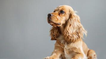 Portrait of a brown Cocker Spaniel dog with soft fur and expressive eyes sitting indoors photo