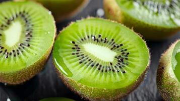 de cerca de Fresco verde kiwi Fruta con rebanado mitades y semillas mostrando vibrante detalles foto