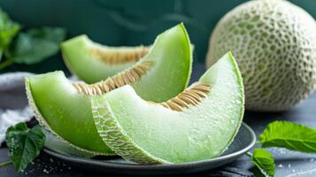 Fresco rebanado gotas de miel melón en un plato ofrecimiento un nutritivo y jugoso postre opción foto