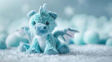 Blue plush toy dragon sitting fluffy and cute with a fantasy vibe photo