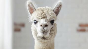 Closeup portrait of a fluffy white Alpaca with a serene expression and detailed wool texture photo