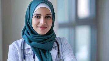 hembra médico en hijab retrata cuidado de la salud profesionalismo con medicina pericia y un confidente sonrisa foto