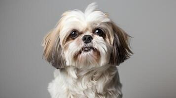 Close-up portrait of a cute Shih Tzu dog with a fluffy face and attentive eyes in a studio setting photo