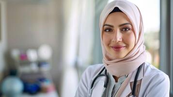 Female therapist in hijab exudes healthcare professionalism with stethoscope and confident smile photo