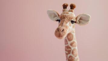 Stuffed giraffe toy with fluffy spots on a pink background adds playful charm photo