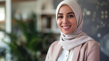 Professional Muslim woman in hijab smiling with confidence and elegance photo