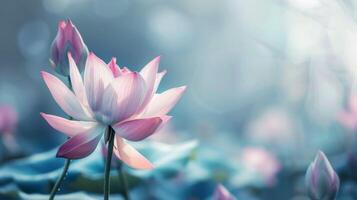Lotus flower blossom with pink petals in a serene aquatic nature setting with bokeh effect photo