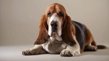 Close-up of a resting Basset Hound dog with floppy ears and a calm expression photo