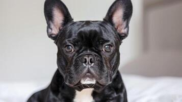 de cerca retrato de un francés buldog con lustroso negro Saco y atento expresión foto