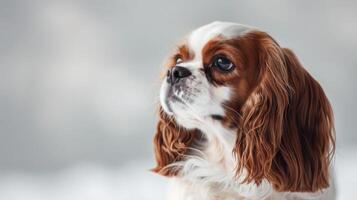 Cute Cavalier King Charles Spaniel dog portrait with soft brown and white fur photo