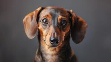 de cerca retrato de un marrón y negro perro tejonero con atento ojos y expresivo cara foto