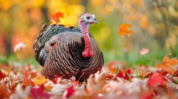 Autumn turkey among colorful leaves wildlife nature portrait photo