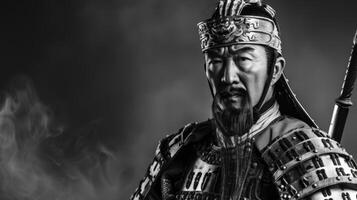 Ming warrior in traditional armor with sword exudes historical Chinese battle culture in monochrome photo