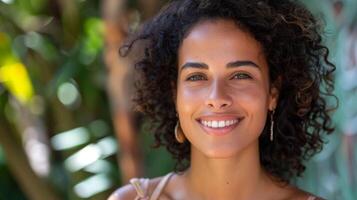 brasileño mujer con un radiante sonrisa en un natural al aire libre ajuste foto