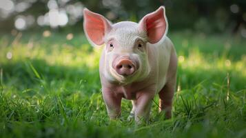 linda cerdo en verde césped exhibiendo naturaleza, animal seducir con un de cerca de un bebé mamífero foto