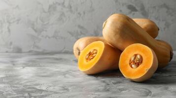 Fresh butternut squash cut open to reveal seeds on a textured marble surface photo