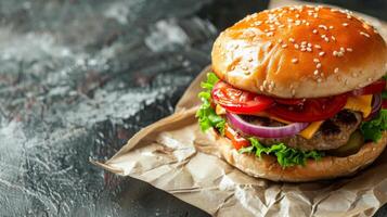 Sesame-topped burger with tomato, lettuce, onion, and cheese in delicious fast-food setup photo