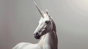 elegante unicornio perfil presentando místico, mítico criatura con mágico cuerno en un fantasía ajuste foto