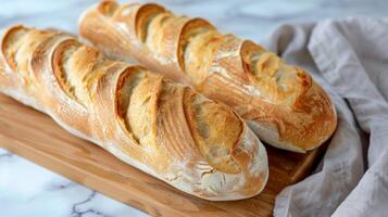 Freshly baked baguette bread on a wooden cutting board with a golden crust and flour dusting on marble background photo