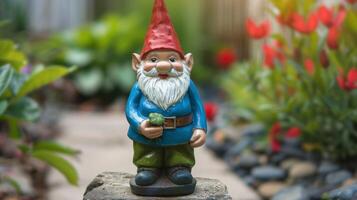 Garden gnome ornament with red hat in green outdoor setting with bokeh flowers backdrop photo
