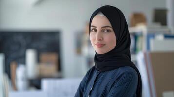 Professional woman architect in hijab standing at her workspace with blueprints photo