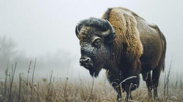bisonte en un brumoso invierno campo exhibiendo de la naturaleza fauna silvestre y conservación esfuerzos foto