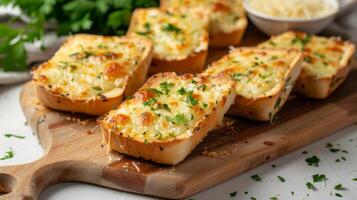 Toasted garlic bread with melted cheese and parsley on a wooden board, showcasing an appetizing gourmet side dish photo