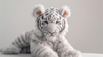 Fluffy white tiger plush toy with stripes and cute orange eyes sitting in a light room photo