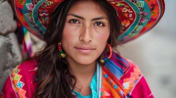 retrato de un peruano mujer en tradicional quechua atuendo con vibrante textiles foto