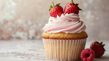 Delicious strawberry cupcake with pink frosting and sweet dessert treat decoration photo