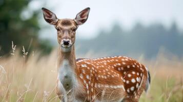 Spotted deer portrait in a serene grassland showcasing wildlife and nature beauty photo