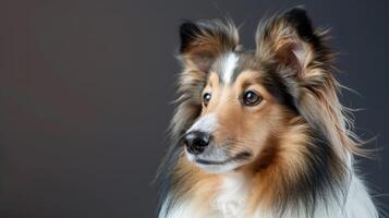 Shetland Sheepdog portrait in studio setting showcases the tricolor canine pet's fluffy elegance photo