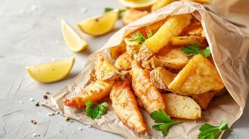 Golden fried fish and chips with lemon and parsley on rustic background photo