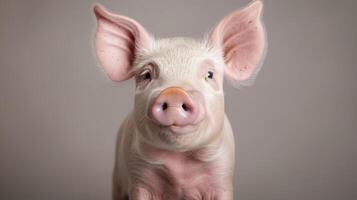 Close-up portrait of a cute pink pig with a detailed snout and fluffy ears against a neutral background photo