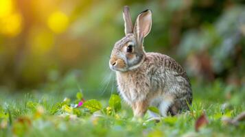 Wildlife rabbit with fluffy fur and long ears sitting in green grass outdoors photo