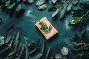 Plant-based soap with organic herbal leaves for natural skincare and aromatherapy wellness photo