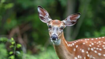 de cerca retrato de un ciervo en naturaleza con fauna silvestre elementos tal como animal, mamífero, manchado, al aire libre, y bosque foto